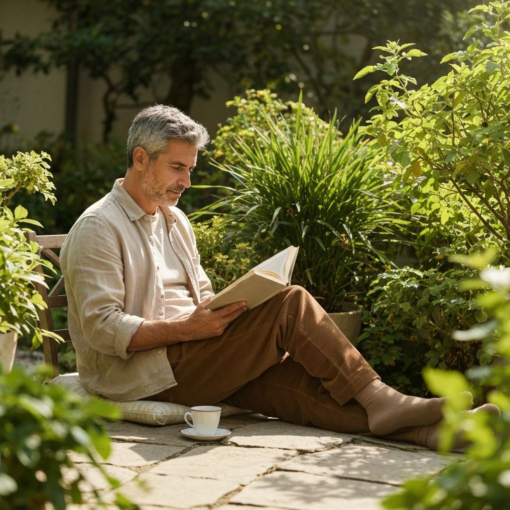 Pria membaca buku di taman yang tenang